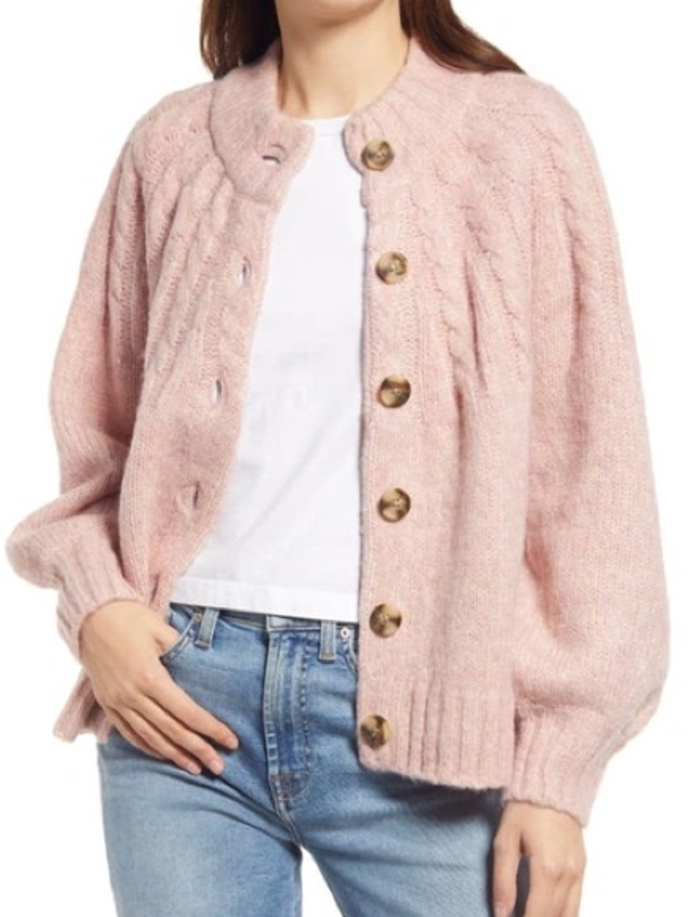 Madewell Hardwood Cable Knit Mock Neck Wool Blend Cardigan Sweater Heather Blush